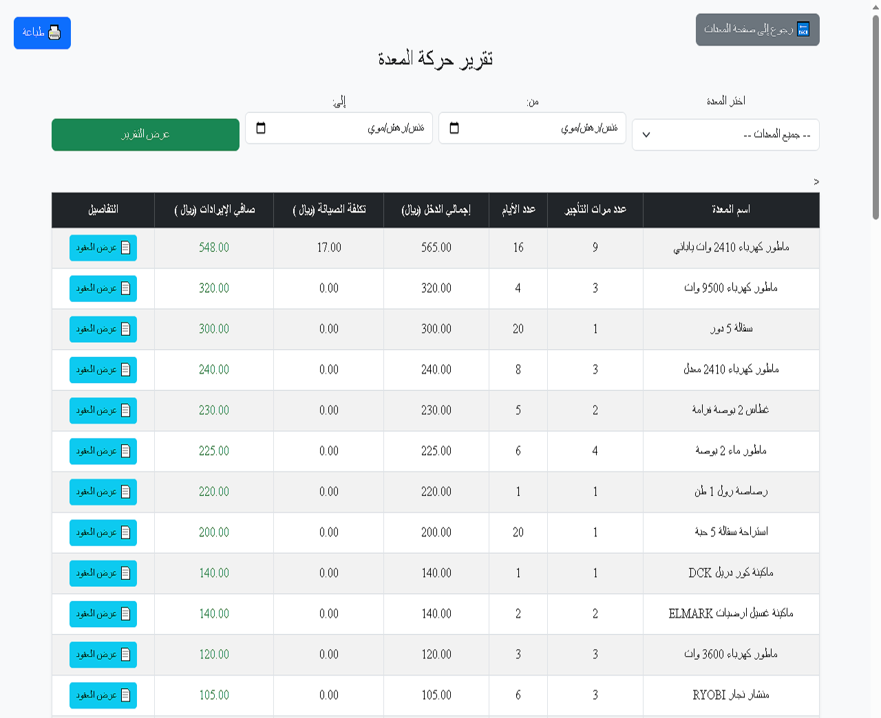 تقرير حركة المعدات في نظام RentaPro